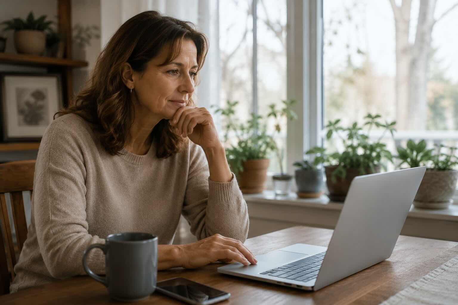 Woman thoughtfully reviewing information on a laptop at home